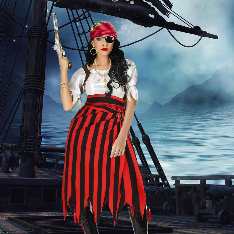 DTOFOOT 7 Pieces Pirate Costume Pirate Skirt Costume Women Pirate Open Design Skirt Dress Adults Head Scarf Hat Eye Patch Necklace Earrings Bracelet Belt Pirate Accessories For Halloween Men Women Role Play - Image 2