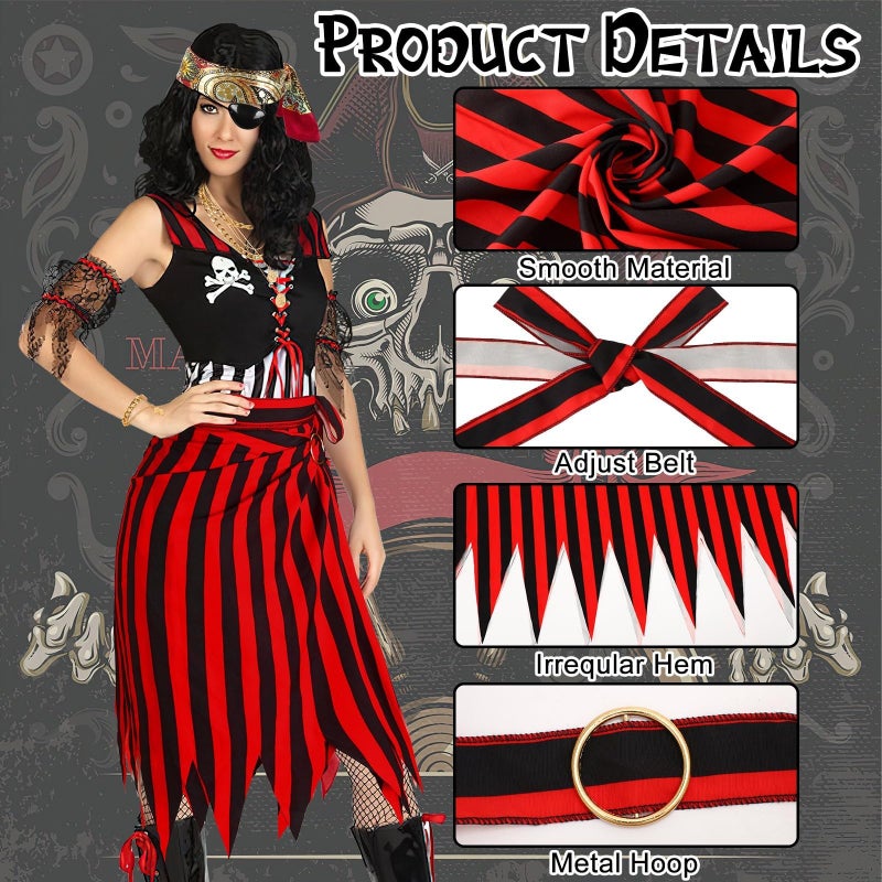 DTOFOOT 7 Pieces Pirate Costume Pirate Skirt Costume Women Pirate Open Design Skirt Dress Adults Head Scarf Hat Eye Patch Necklace Earrings Bracelet Belt Pirate Accessories For Halloween Men Women Role Play - Image 5