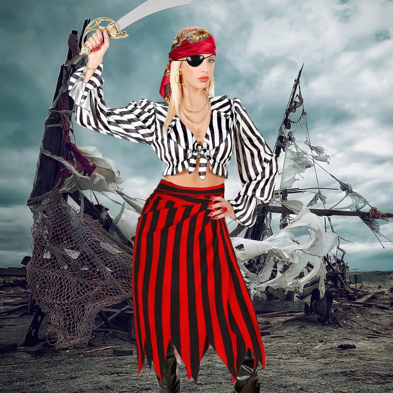 DTOFOOT 7 Pieces Pirate Costume Pirate Skirt Costume Women Pirate Open Design Skirt Dress Adults Head Scarf Hat Eye Patch Necklace Earrings Bracelet Belt Pirate Accessories For Halloween Men Women Role Play - Image 4