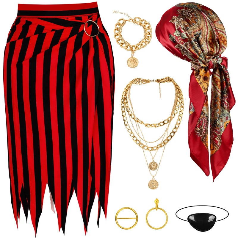 DTOFOOT 7 Pieces Pirate Costume Pirate Skirt Costume Women Pirate Open Design Skirt Dress Adults Head Scarf Hat Eye Patch Necklace Earrings Bracelet Belt Pirate Accessories For Halloween Men Women Role Play - Image 1
