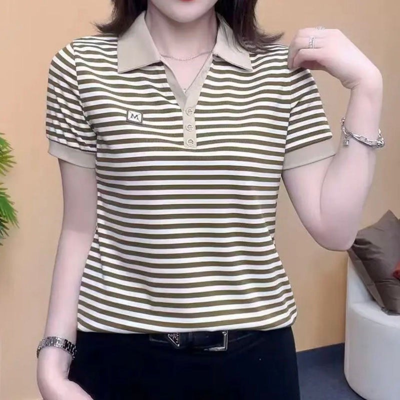 Ice Silk Stripesd Short-Sleeved T-Shirt For Women, Slim, Fashionable And Versatile Summer Tops, Slim Lapel Clothes, 2025 Style - Image 5