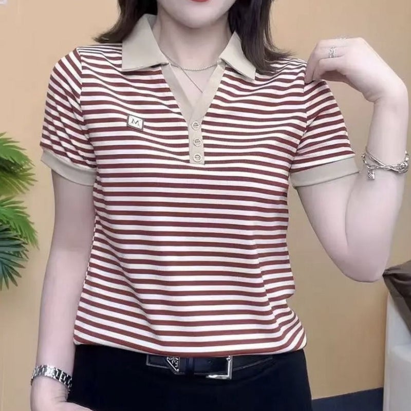 Ice Silk Stripesd Short-Sleeved T-Shirt For Women, Slim, Fashionable And Versatile Summer Tops, Slim Lapel Clothes, 2025 Style - Image 3