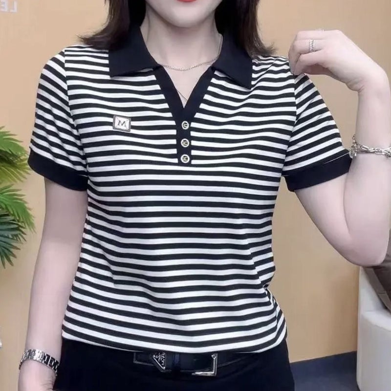 Ice Silk Stripesd Short-Sleeved T-Shirt For Women, Slim, Fashionable And Versatile Summer Tops, Slim Lapel Clothes, 2025 Style - Image 2