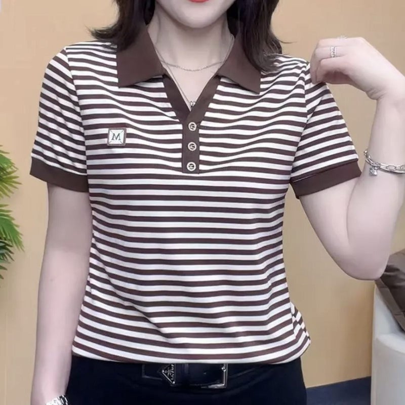 Ice Silk Stripesd Short-Sleeved T-Shirt For Women, Slim, Fashionable And Versatile Summer Tops, Slim Lapel Clothes, 2025 Style - Image 4