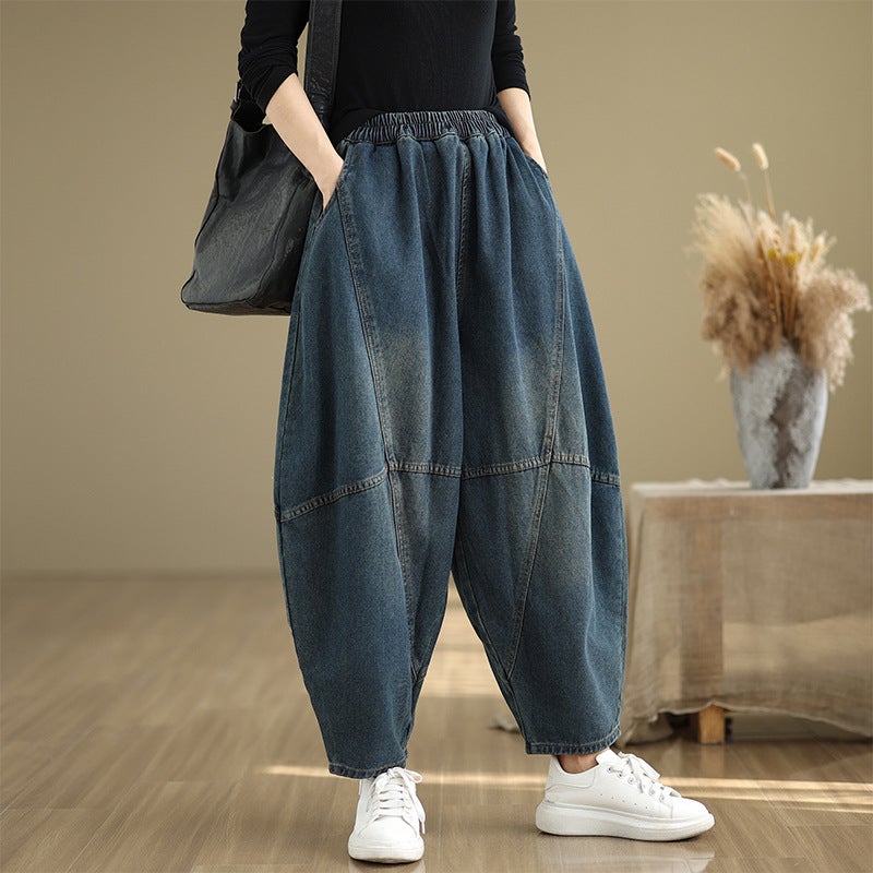 New Real S Casual Extra Wide Solid Color Elastic Waist Denim Nine-Point Pants For Women - Image 4