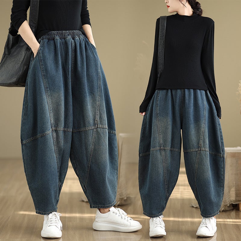 New Real S Casual Extra Wide Solid Color Elastic Waist Denim Nine-Point Pants For Women - Image 3