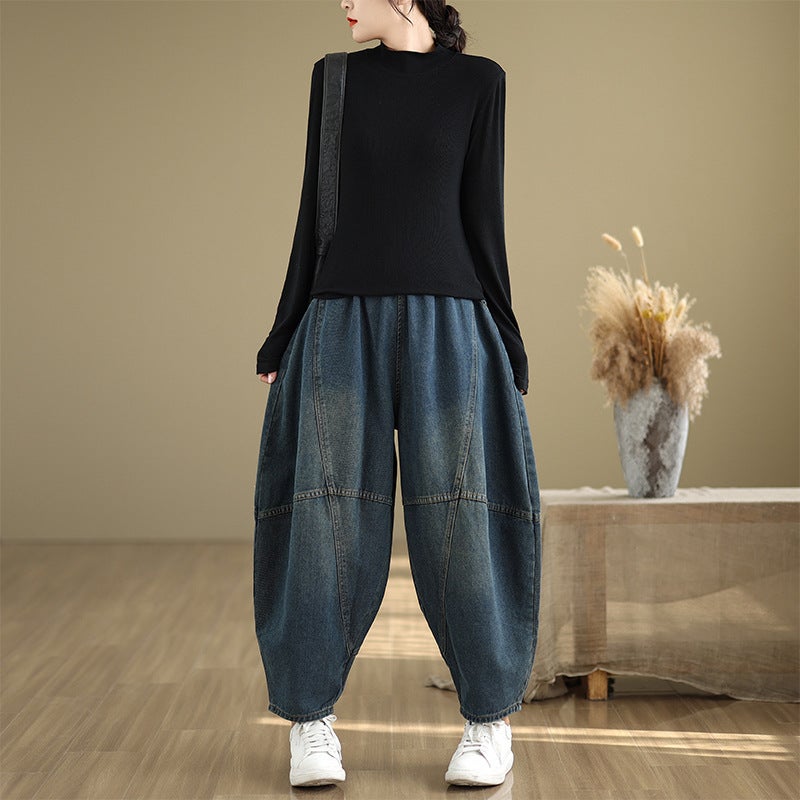 New Real S Casual Extra Wide Solid Color Elastic Waist Denim Nine-Point Pants For Women - Image 5