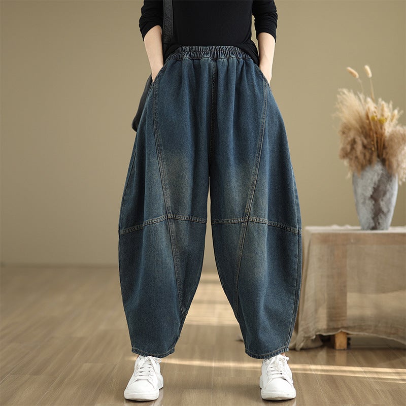 New Real S Casual Extra Wide Solid Color Elastic Waist Denim Nine-Point Pants For Women - Image 1