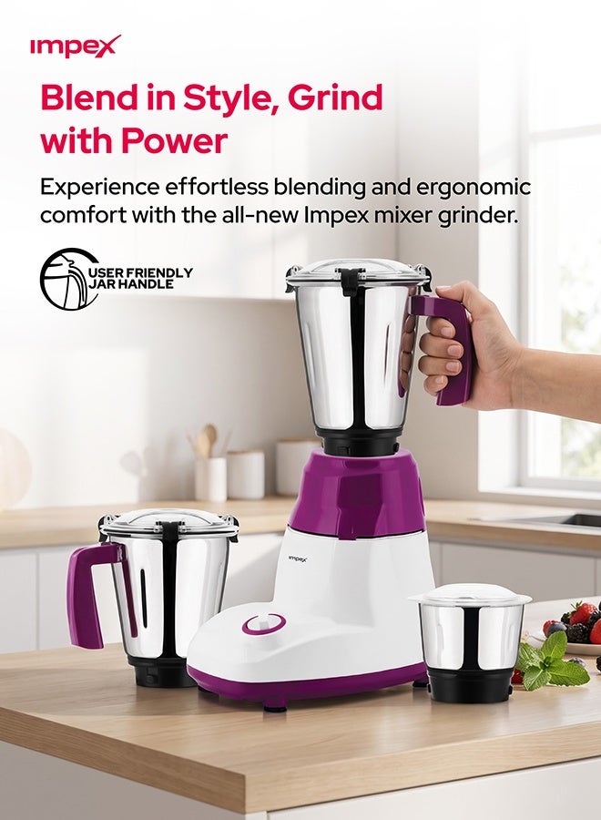 Impex 3-In-1 Mixer Grinder-  Copper Motor, Unbreakable ABS Body, Stainless Steel Jars, Razor Sharp Blades 1500 ml 750 W BL 318 White/Pink - Image 5