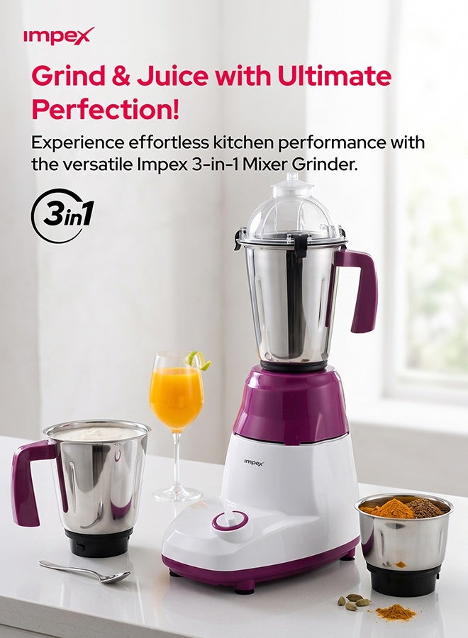 Impex 3-In-1 Mixer Grinder-  Copper Motor, Unbreakable ABS Body, Stainless Steel Jars, Razor Sharp Blades 1500 ml 750 W BL 318 White/Pink - Image 3