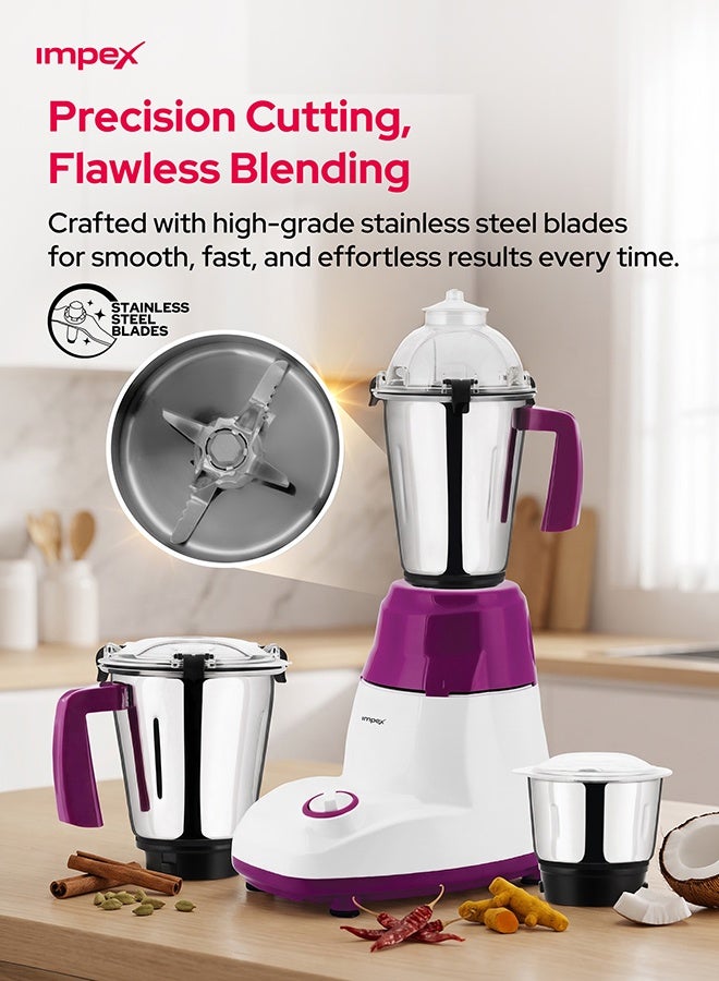 Impex 3-In-1 Mixer Grinder-  Copper Motor, Unbreakable ABS Body, Stainless Steel Jars, Razor Sharp Blades 1500 ml 750 W BL 318 White/Pink - Image 4