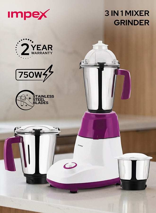 Impex 3-In-1 Mixer Grinder-  Copper Motor, Unbreakable ABS Body, Stainless Steel Jars, Razor Sharp Blades 1500 ml 750 W BL 318 White/Pink - Image 1