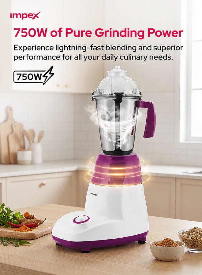 Impex 3-In-1 Mixer Grinder-  Copper Motor, Unbreakable ABS Body, Stainless Steel Jars, Razor Sharp Blades 1500 ml 750 W BL 318 White/Pink - Image 2