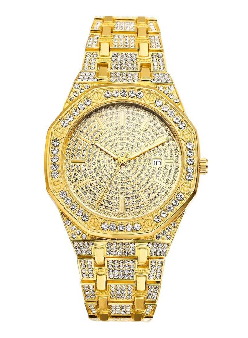 KASTWAVE Crystal Watch for Men Gold Tone Alloy Quartz Watch Stylish Rhinestone Business Casual Dress Wristwatches Fashion Hip Hop Men's Bling Bling Watch - Image 1