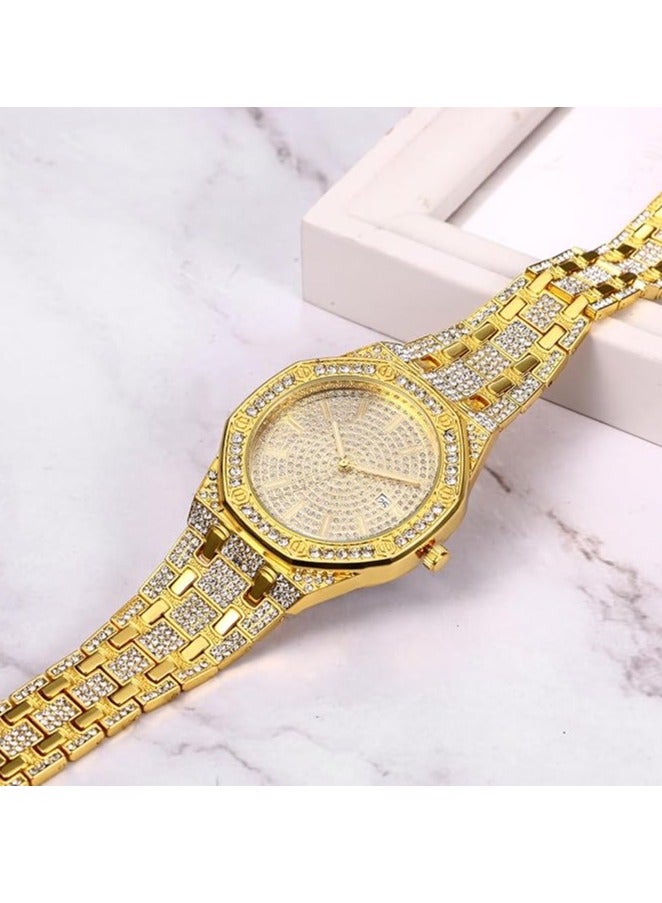 KASTWAVE Crystal Watch for Men Gold Tone Alloy Quartz Watch Stylish Rhinestone Business Casual Dress Wristwatches Fashion Hip Hop Men's Bling Bling Watch - Image 5