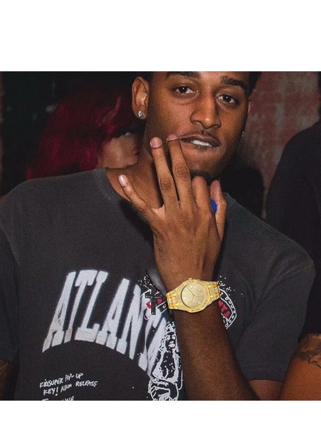 KASTWAVE Crystal Watch for Men Gold Tone Alloy Quartz Watch Stylish Rhinestone Business Casual Dress Wristwatches Fashion Hip Hop Men's Bling Bling Watch - Image 2