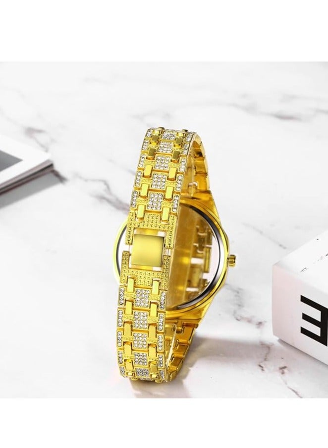 KASTWAVE Crystal Watch for Men Gold Tone Alloy Quartz Watch Stylish Rhinestone Business Casual Dress Wristwatches Fashion Hip Hop Men's Bling Bling Watch - Image 4