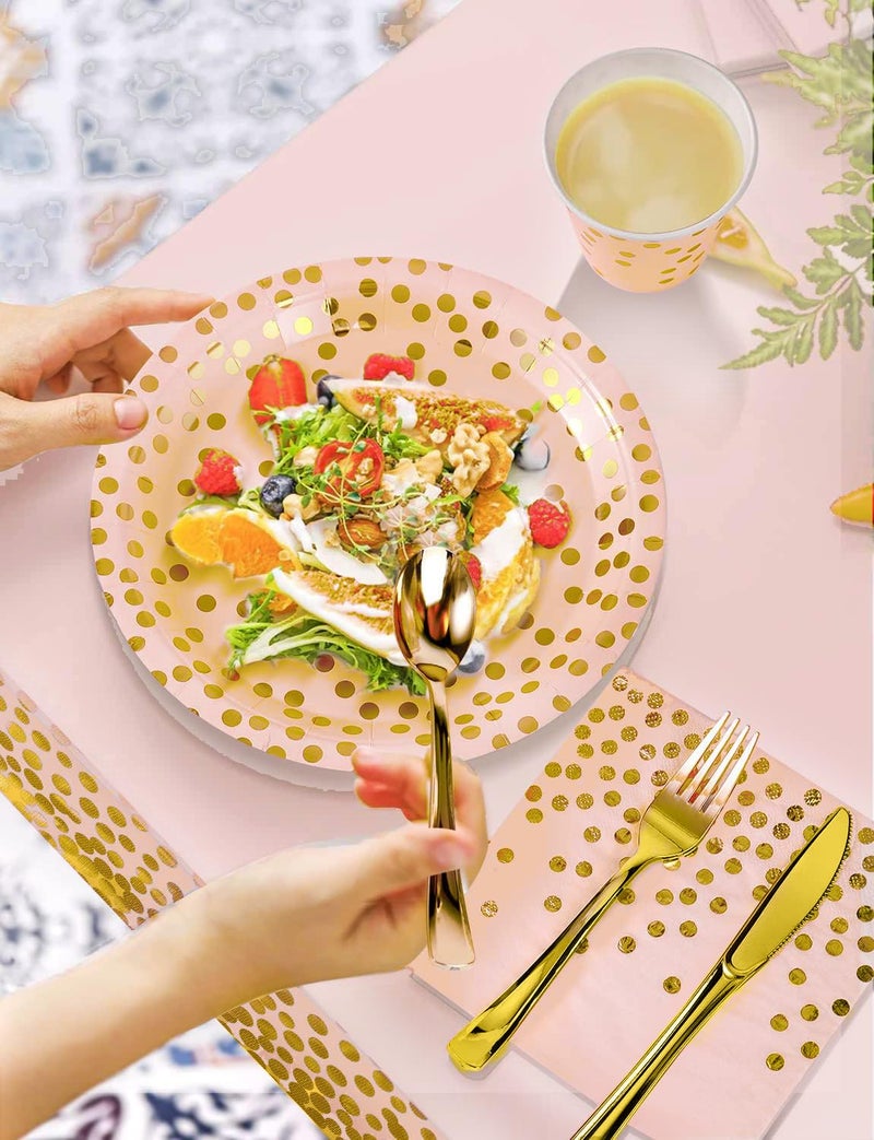 Nkaiso 141 Pieces Pink Gold Party Supplies  Party Dinnerware Sets Include Paper Plates Napkins Cups Silverware  for Wedding Bridal Shower Engagement Birthday Parties Decoration -20 Serves - Image 3