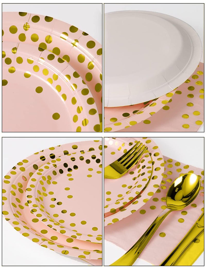 Nkaiso 141 Pieces Pink Gold Party Supplies  Party Dinnerware Sets Include Paper Plates Napkins Cups Silverware  for Wedding Bridal Shower Engagement Birthday Parties Decoration -20 Serves - Image 1