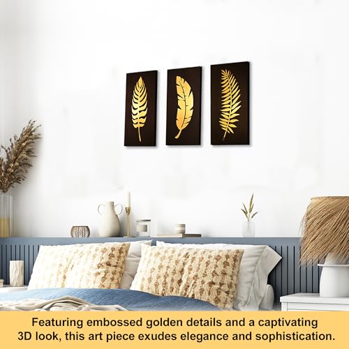 Rousrie Premium Wall Hanging With Golden Effect | Wooden Hanging For Living Room Decoration | Modern Art Home Decor Hangings (Set of 3) (Gold) - Image 3