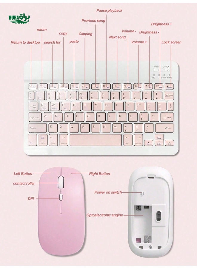 Suitable For Laptops And Tablets, Lightweight Solid Color 10-Inch Combo With Rechargeable Bluetooth Keyboard, Wireless Matte Mouse, Compatible With Three Systems