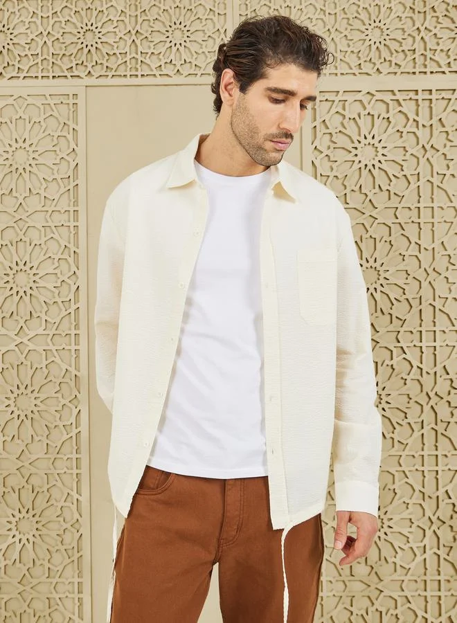 ستايلي Oversized Textured Shirt with Adjustable Drawcord Hem