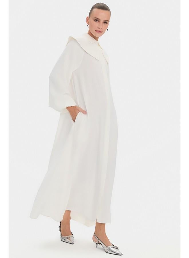 جون فستان ماكسي نسائي بياقة دمية وأكمام بالون وربطة خصر تفصيلية - لون إكرو - Image 2