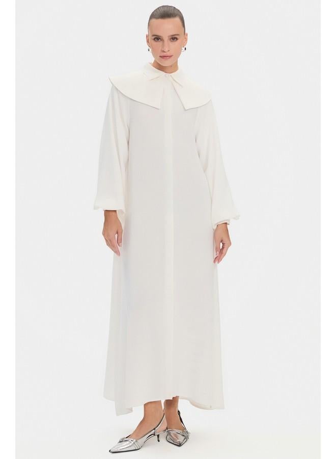 جون فستان ماكسي نسائي بياقة دمية وأكمام بالون وربطة خصر تفصيلية - لون إكرو - Image 1