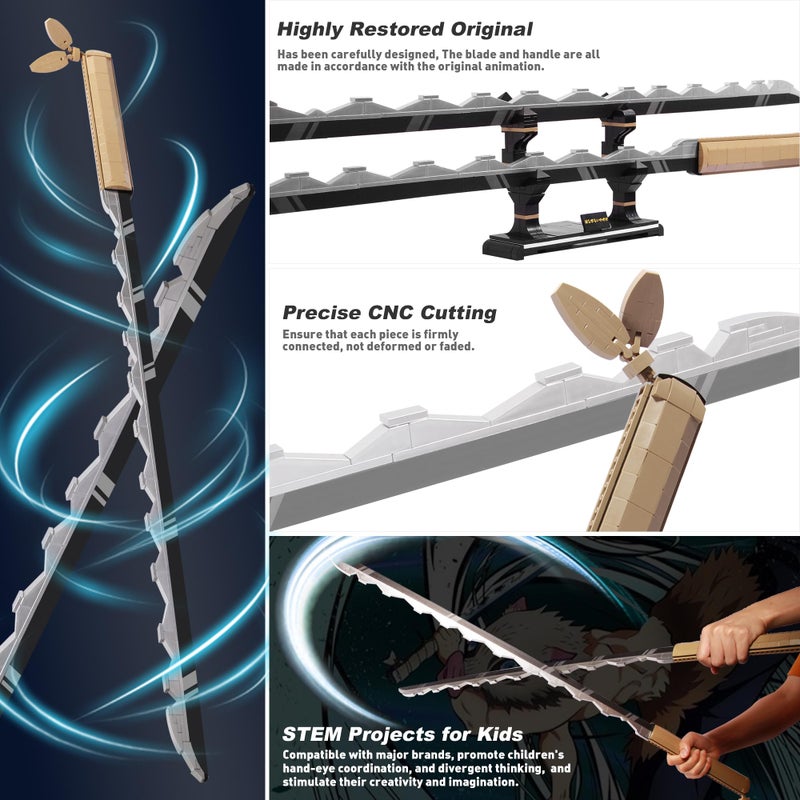 Jorumo Swords Building Set, 40in Hashibira Inosuke Dual-Sword Building Block with Stand, Anime Sword Building Toy Katana Kids Toys for Boys Age 8-12, 838 Pcs - Image 3