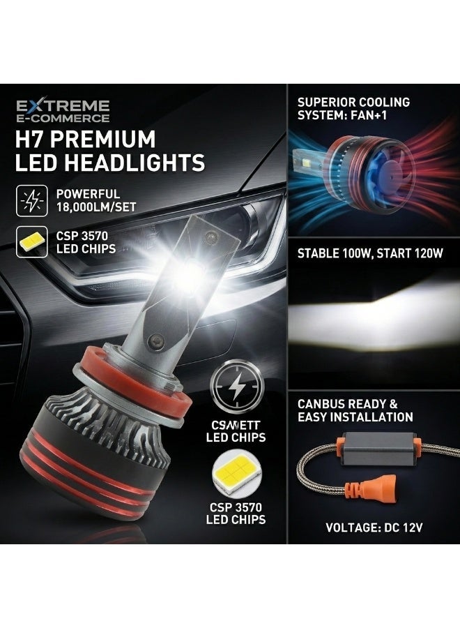 Extreme E Commerce H7 LED Headlight Bulbs, 18000LM, 6500K Cool White, 120W High Power, Fan-Cooled Conversion Kit (H7) - Image 3