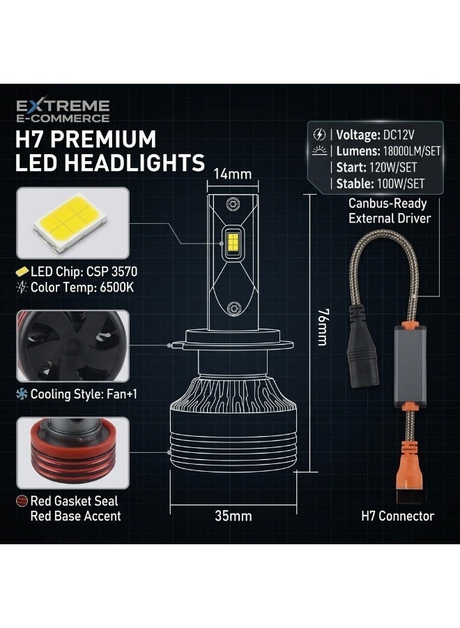 Extreme E Commerce H7 LED Headlight Bulbs, 18000LM, 6500K Cool White, 120W High Power, Fan-Cooled Conversion Kit (H7) - Image 5