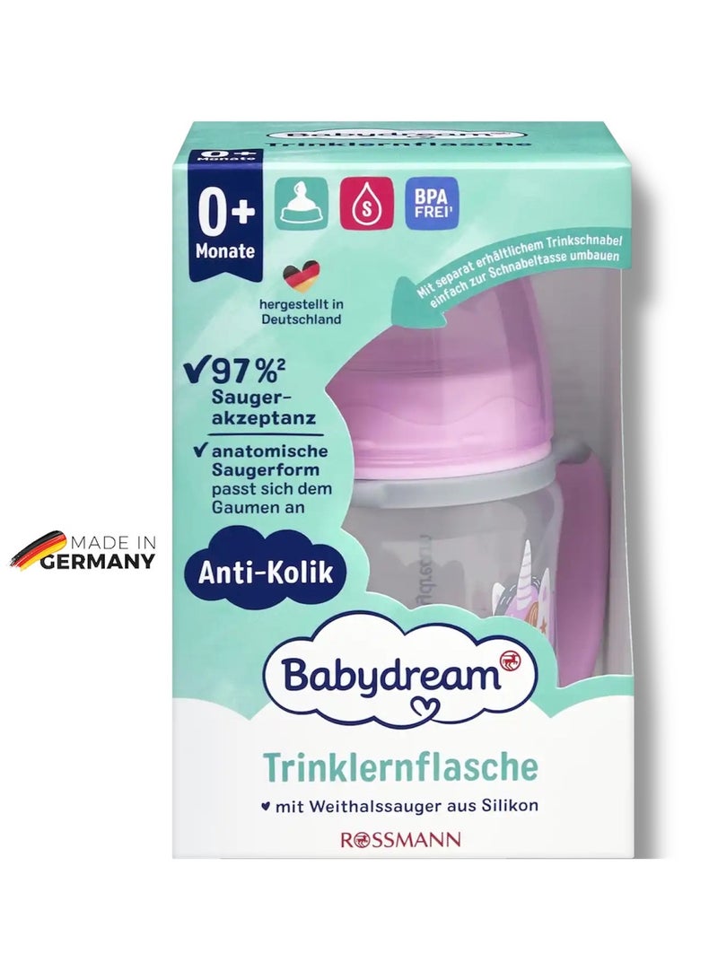 ROSSMANN German Brand, Babydream Wide Neck Drinking Bottle Unicorn 150 ml, Size S (0+ Months) – Anatomical Silicone Nipple with Flow-Proof Protective Cap, Ideal for Breast Milk, Tea, and Juice - Image 1