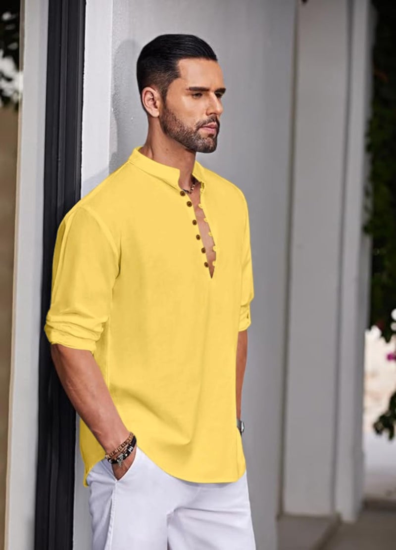 Macsivo Men's Stylish Mandarin Collar Kurta | Casual Ethnic Fusion Shirt for Daily, Party & Travel | Full Sleeves | Cotton Blend Comfort Fit Short Kurta Yellow - Image 2