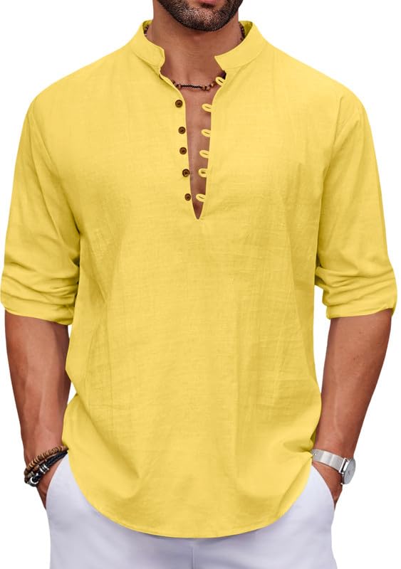 Macsivo Men's Stylish Mandarin Collar Kurta | Casual Ethnic Fusion Shirt for Daily, Party & Travel | Full Sleeves | Cotton Blend Comfort Fit Short Kurta Yellow - Image 1