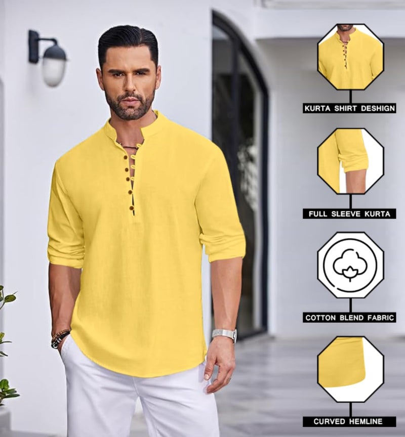 Macsivo Men's Stylish Mandarin Collar Kurta | Casual Ethnic Fusion Shirt for Daily, Party & Travel | Full Sleeves | Cotton Blend Comfort Fit Short Kurta Yellow - Image 3