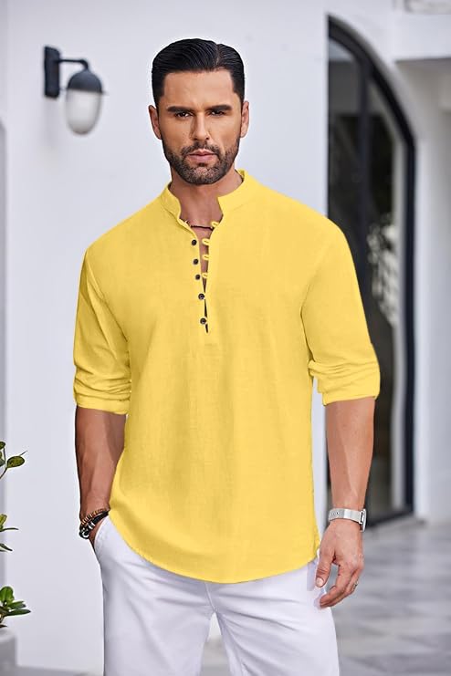 Macsivo Men's Stylish Mandarin Collar Kurta | Casual Ethnic Fusion Shirt for Daily, Party & Travel | Full Sleeves | Cotton Blend Comfort Fit Short Kurta Yellow - Image 5
