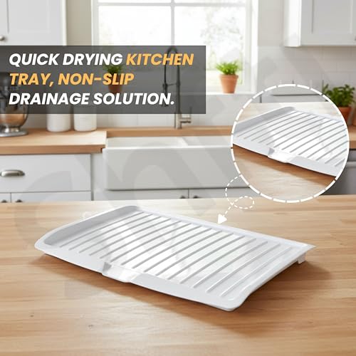 SHFTI Large White Plastic Sink Drainer Tray – 32x45x4 cm, Quick Drying Dish Rack with Drain Channel, Curved Edge, Anti-Slip Design – Ideal for Kitchen Sinks, Countertops & Drying Racks - Image 4