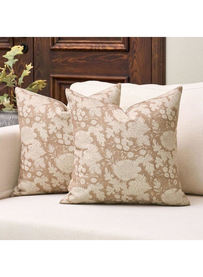 DOMVITUS Floral Pillow Covers 18x18 Set of 2, Vintage Block Print Pillow Covers Neutral Decorative Farmhouse Throw Pillow Covers for Bed Couch Living Room Light Camel - Image 1