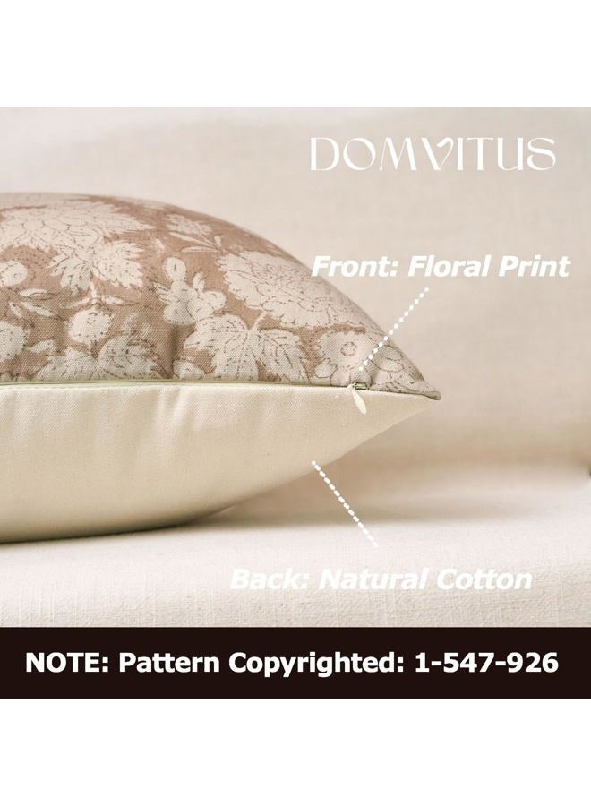 DOMVITUS Floral Pillow Covers 18x18 Set of 2, Vintage Block Print Pillow Covers Neutral Decorative Farmhouse Throw Pillow Covers for Bed Couch Living Room Light Camel - Image 2