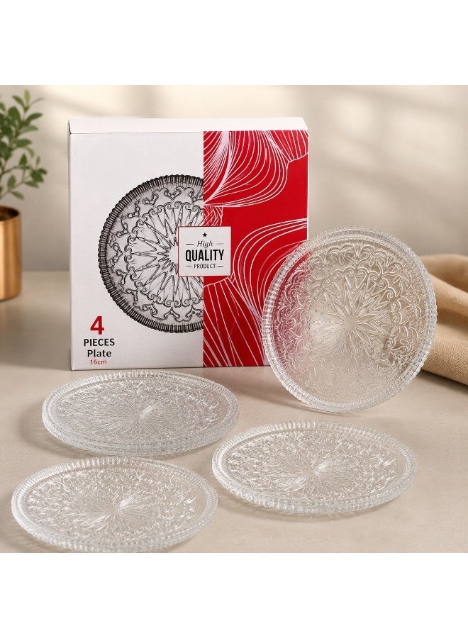 4 Pieces Glass Serving Plate Set 16cm | Clear Embossed Dessert Plates for Snacks, Appetizers Fruits & Home Dining - Image 1