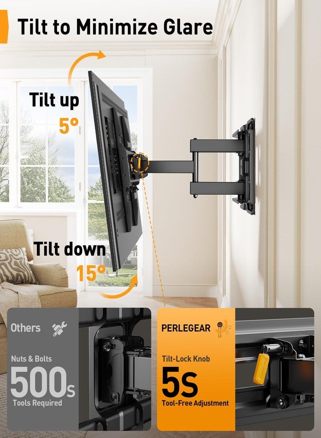 Perlegear Full Motion TV Wall Mount for 32-65 Inch TVs up to 99 lbs, Adjustable Pre-Assembled TV Wall Mount, Tool-Free Tilt, Swivel, & Extension, Fits 12”/16” Wood Studs, Max VESA 400x400mm, PGMF21 - Image 5