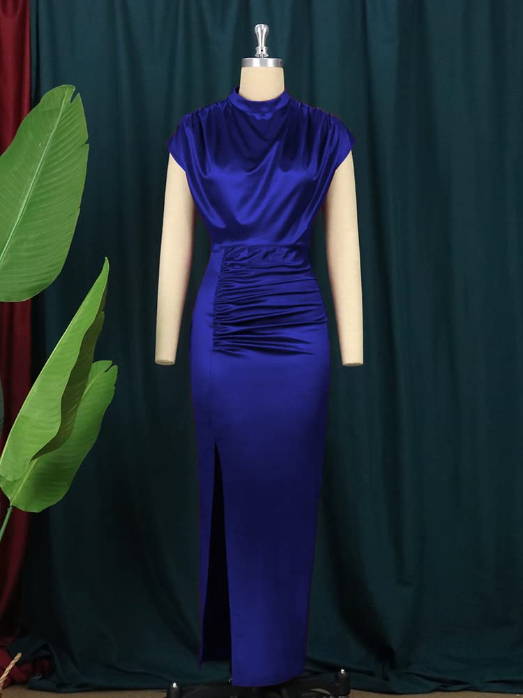 AOMEI Women's Sleeveless Pleated High Waist Ruched Slit Slim Elegant Long Satin Dress (Blue,2XL) - Image 3