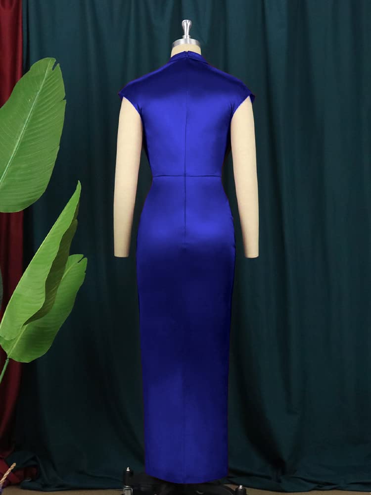 AOMEI Women's Sleeveless Pleated High Waist Ruched Slit Slim Elegant Long Satin Dress (Blue,2XL) - Image 5