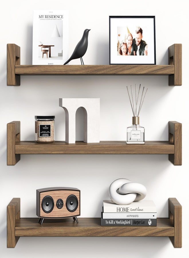 Vailando Floating Shelves for Wall, Set of 3 Solid Wood Wall Mounted Shelves, 16" Rustic Walnut Display Shelf for Bedroom, Living Room, Bathroom, and Kitchen Decor - Heavy-Duty & Natural Pine - Image 1