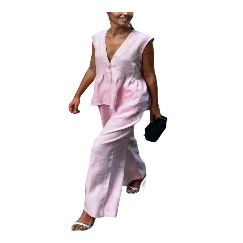 V-Neck Button Vest Top and Long Pants Outfit Set for Women - Image 1