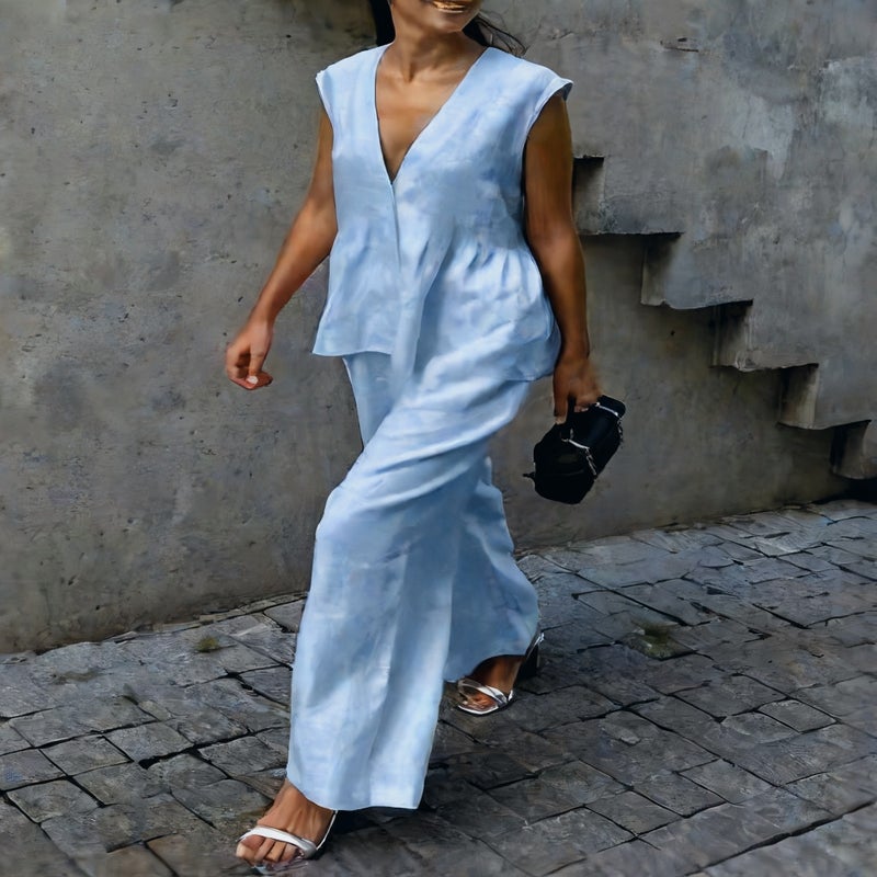 V-Neck Button Vest Top and Long Pants Outfit Set for Women - Image 2