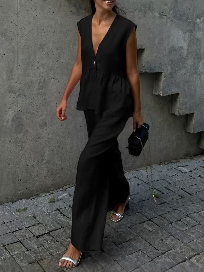 V-Neck Button Vest Top and Long Pants Outfit Set for Women - Image 3