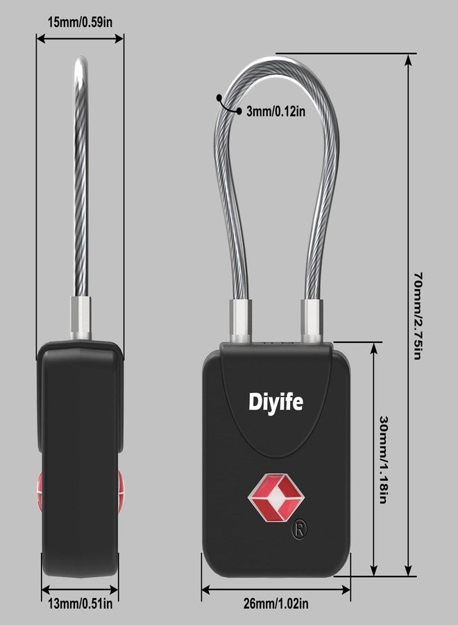 Diyife أقفال أمتعة بمفتاح، [عبوة من قطعتين] أقفال أمتعة معتمدة من إدارة أمن النقل الأمريكية (TSA) من Diyife، أقفال حقائب سفر، قفل سفر صغير من إدارة أمن النقل الأمريكية (TSA) مع كابل من سبائك الزنك والفولاذ، مثالي لحقائب الظهر والحقائب وصناديق الأدوات والحقائب (أسود) - Image 4