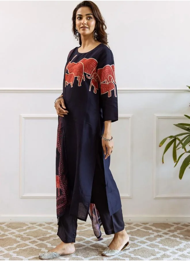 آي شين Mid Rise Women Navy Blue Muslin Kurta Set with Embroidered pattern Tunic and Palazzo features a Round neckline and Three-Fourth Sleeve secured with Elastic closure and styled in Straight Fit ideal for Festive moments — exude elegance in every glance.