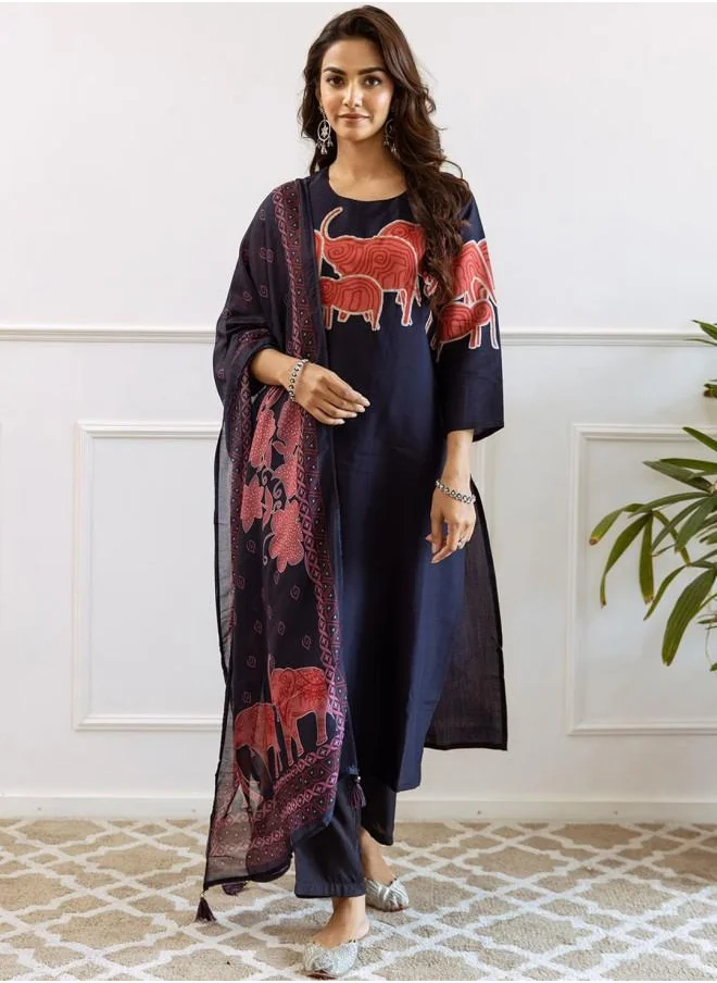 آي شين Mid Rise Women Navy Blue Muslin Kurta Set with Embroidered pattern Tunic and Palazzo features a Round neckline and Three-Fourth Sleeve secured with Elastic closure and styled in Straight Fit ideal for Festive moments — exude elegance in every glance.